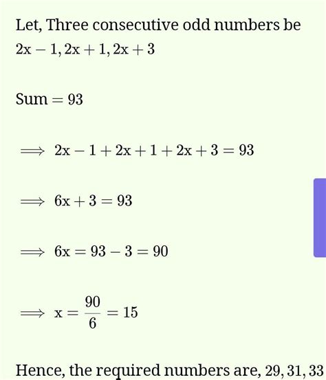 find three consecutive odd numbers whose sum is 93|Sum of Consecutive Odd Integers .